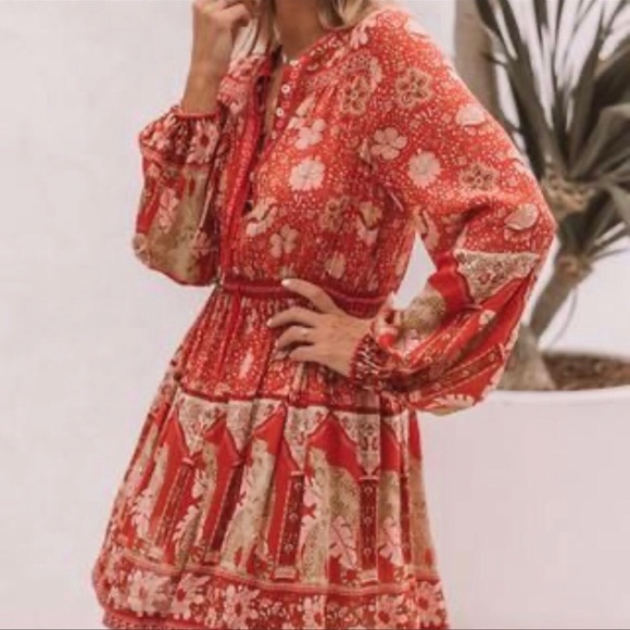 Boho Royal Poinciana Vintage Accent Tiger Bohemian Shift Dress In Cherry Mini - Picture 3 of 8